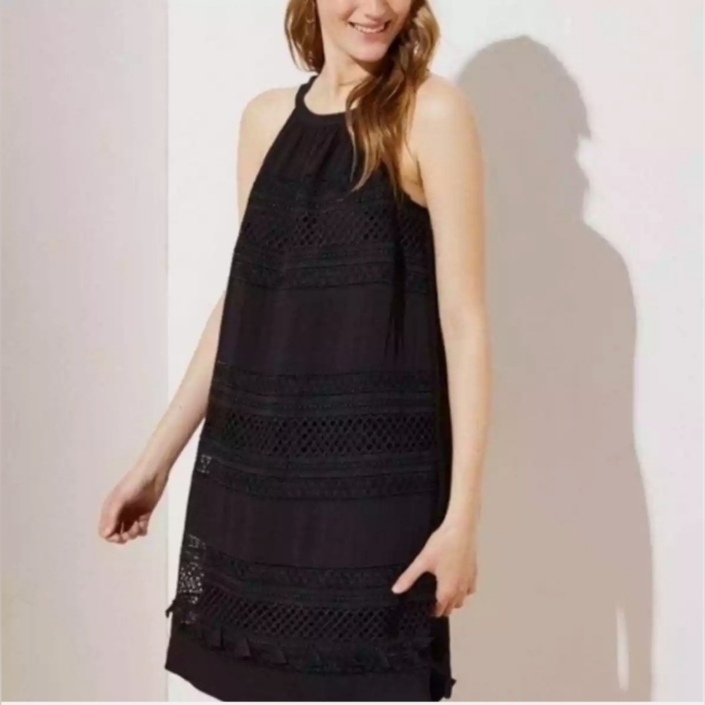 LOFT Tassel Halter Swing Dress in Black Medium New With Tags